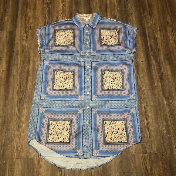 Umgee Shirt Dress Women's Small Geometric Print Blue Button Down Festive - Picture 1 of 5